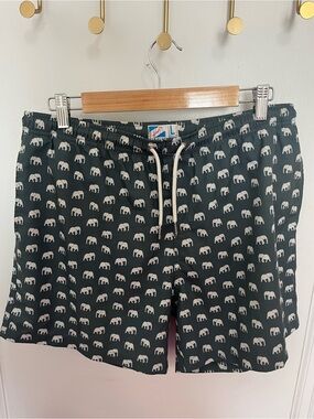 Bermies Men’s Swim Shorts - Black with White Elephant Pattern
